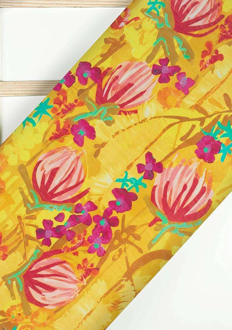 Mustard Yellow Printed Silk Fusion Set - Indya