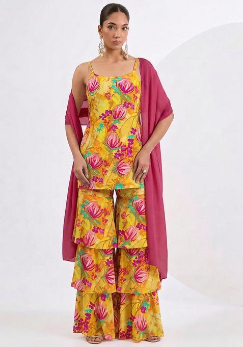 Mustard Yellow Printed Silk Fusion Set