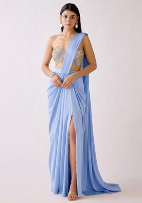 Periwinkle Blue Embroidered Handwork Pre Draped Saree Set