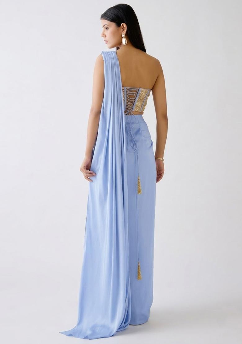 Periwinkle Blue Embroidered Handwork Pre Draped Saree Set - Indya