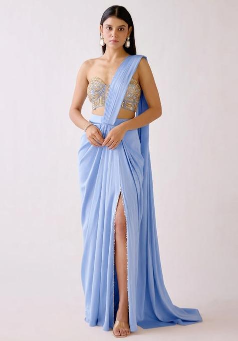 Periwinkle Blue Embroidered Handwork Pre Draped Saree Set