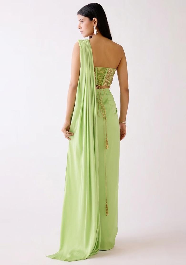 Green Embroidered Handwork Pre Draped Saree Set - Indya