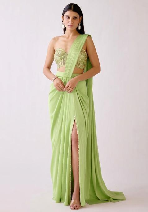 Green Embroidered Handwork Pre Draped Saree Set