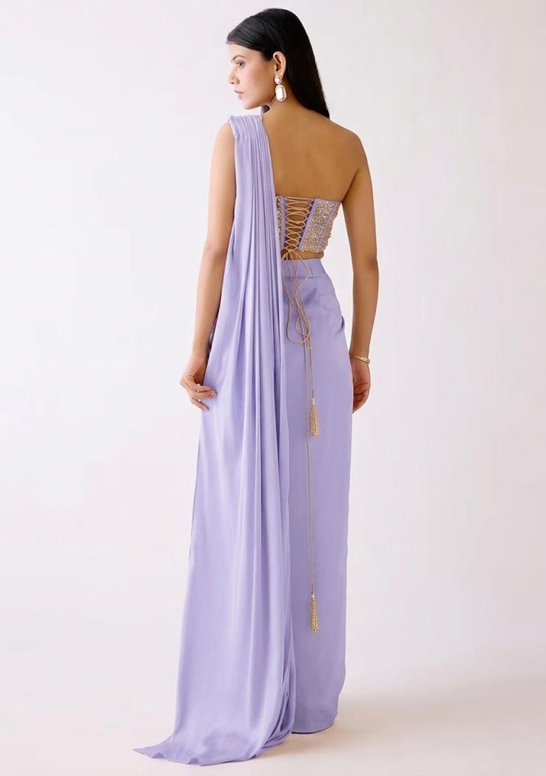 Lavender Embroidered Handwork Pre Draped Saree Set - Indya