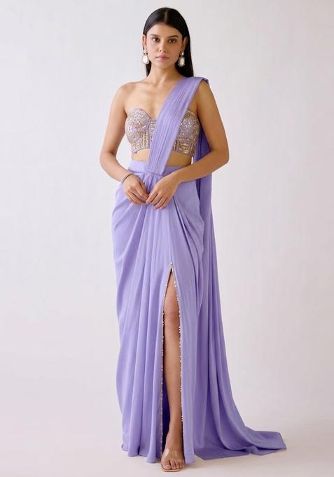 Lavender Embroidered Handwork Pre Draped Saree Set
