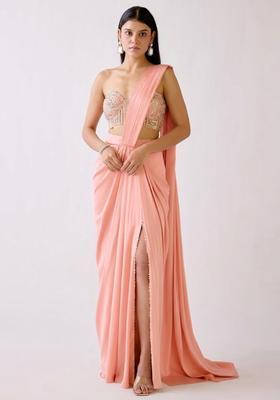 Peach Embroidered Handwork Pre Draped Saree Set