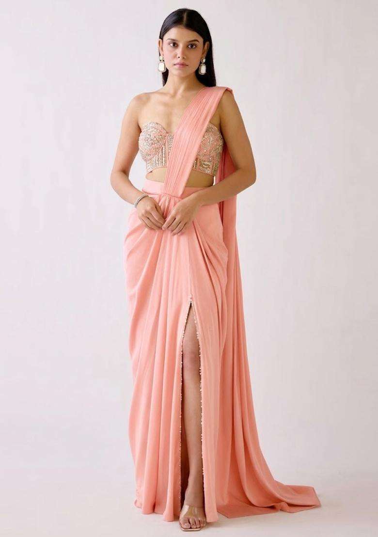Peach Embroidered Handwork Pre Draped Saree Set - Indya