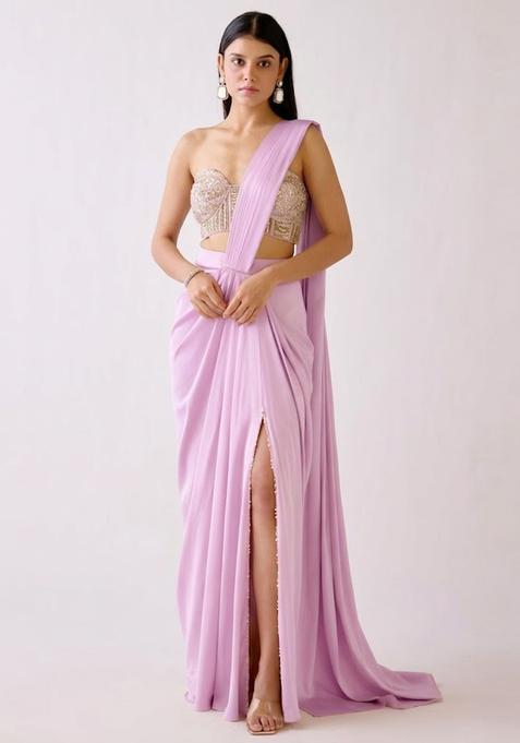 Pink Embroidered Handwork Pre Draped Saree Set