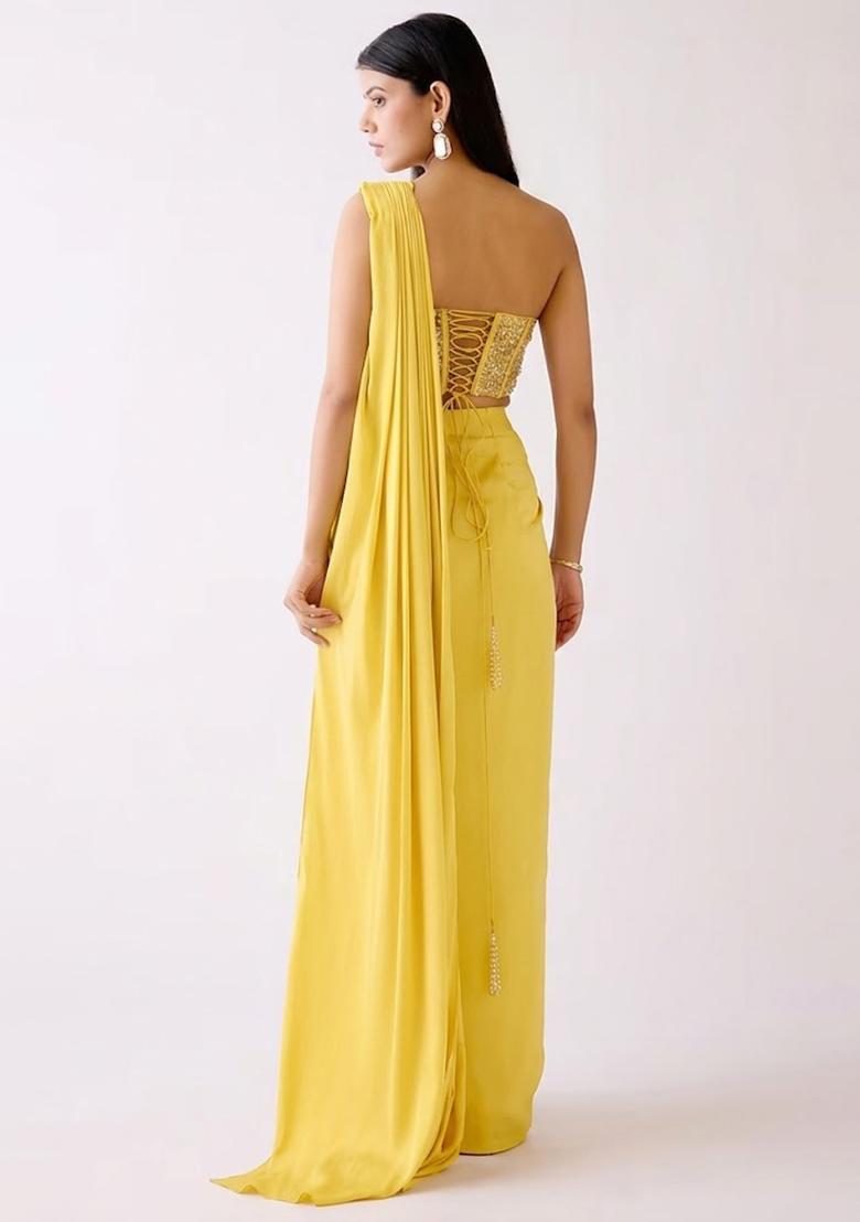 Yellow Embroidered Handwork Pre Draped Saree Set - Indya