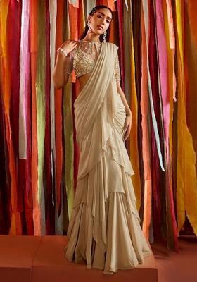 Warm Beige Embroidered Handwork Pre Draped Saree Set