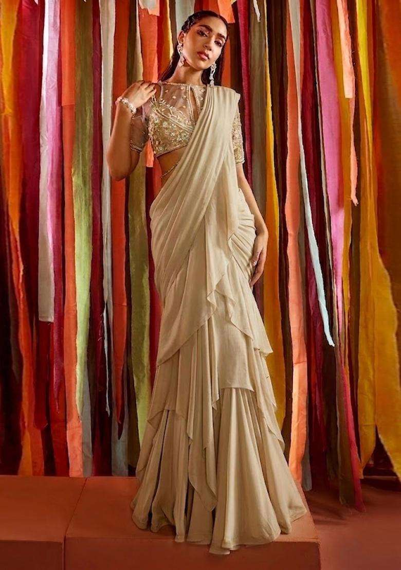 Warm Beige Embroidered Handwork Pre Draped Saree Set - Indya