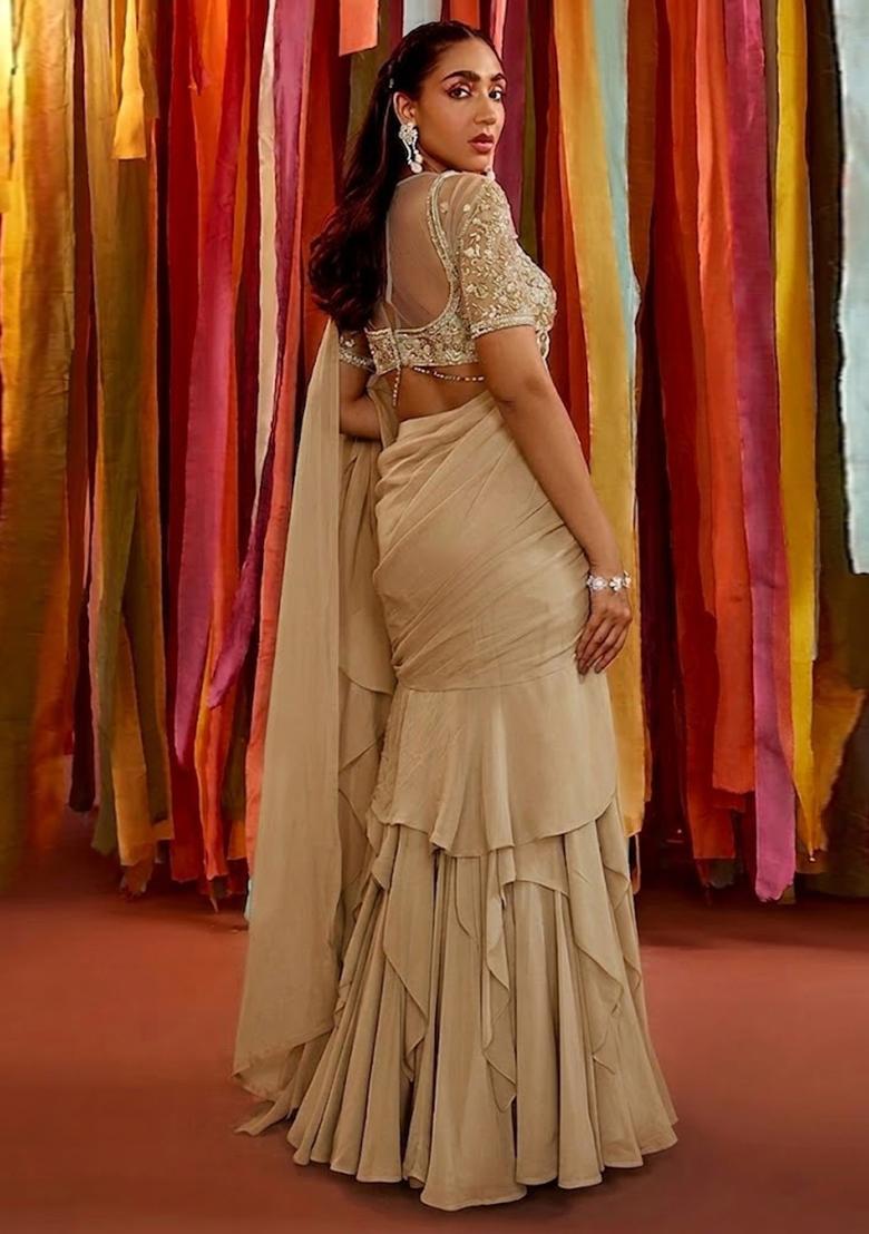 Warm Beige Embroidered Handwork Pre Draped Saree Set - Indya