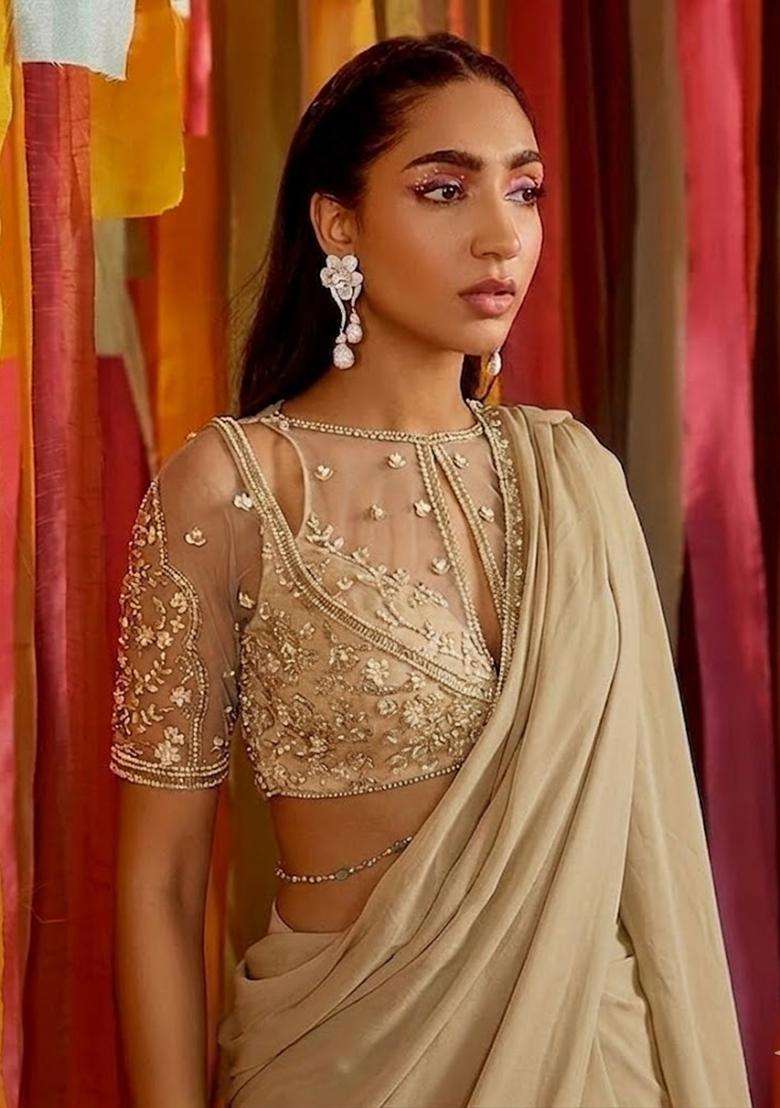 Warm Beige Embroidered Handwork Pre Draped Saree Set - Indya