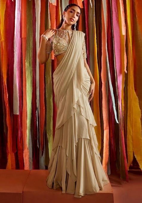 Warm Beige Embroidered Handwork Pre Draped Saree Set