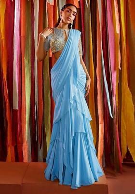 Blue Embroidered Handwork Pre Draped Saree Set