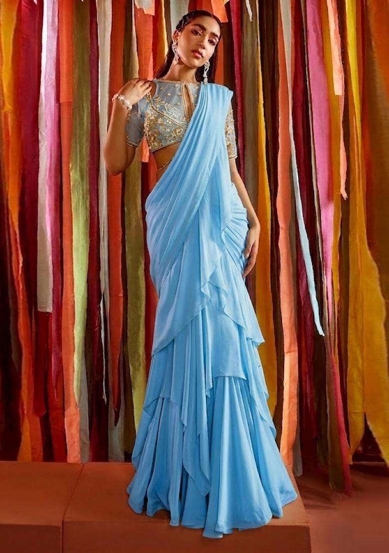 Blue Embroidered Handwork Pre Draped Saree Set - Indya