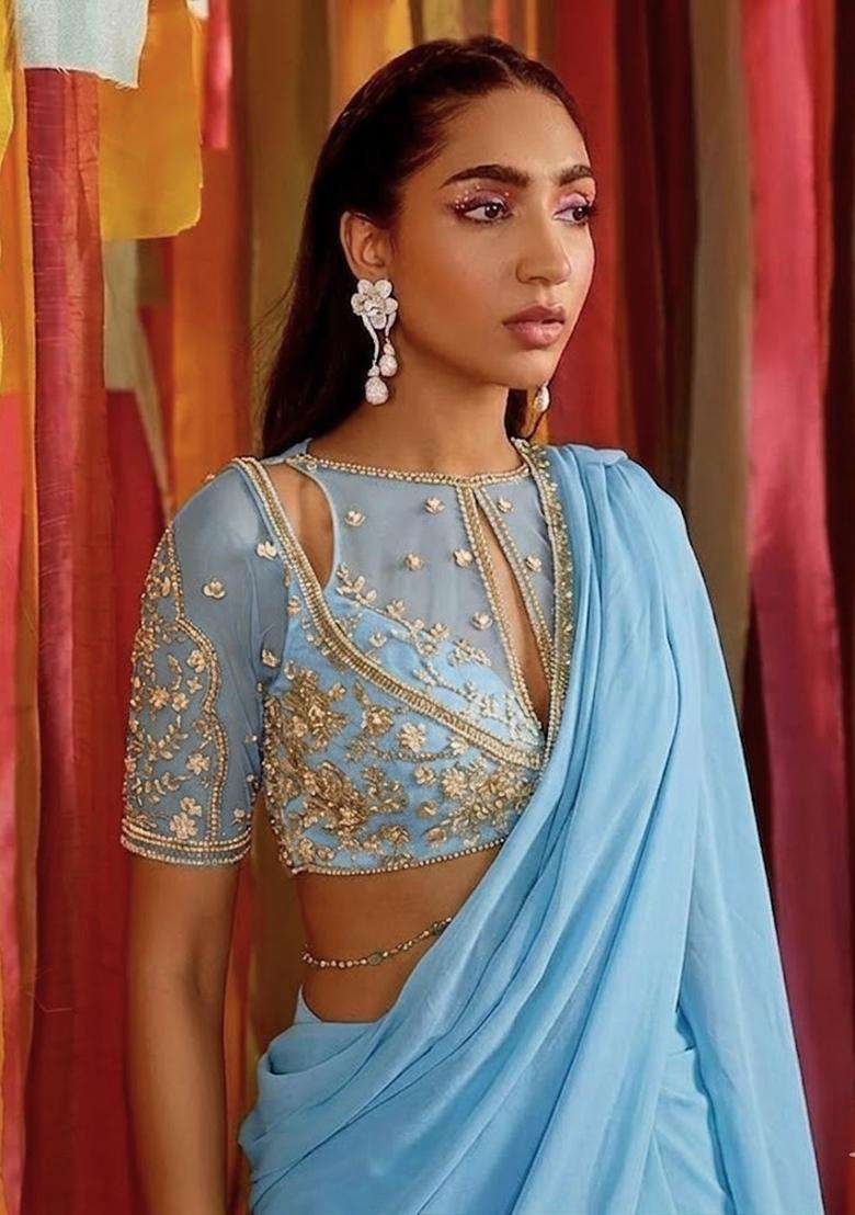 Blue Embroidered Handwork Pre Draped Saree Set - Indya