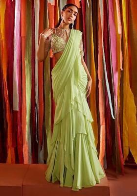 Green Embroidered Handwork Pre Draped Saree Set