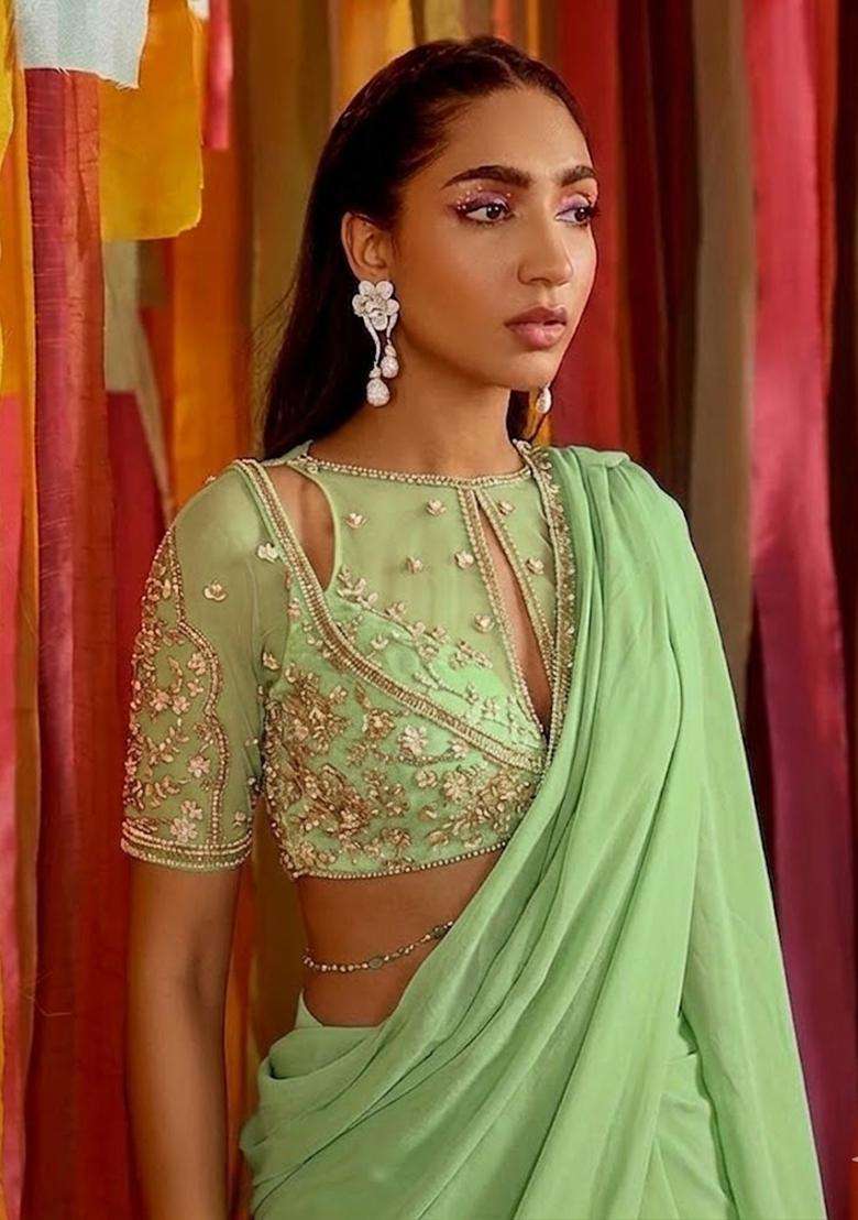 Green Embroidered Handwork Pre Draped Saree Set - Indya