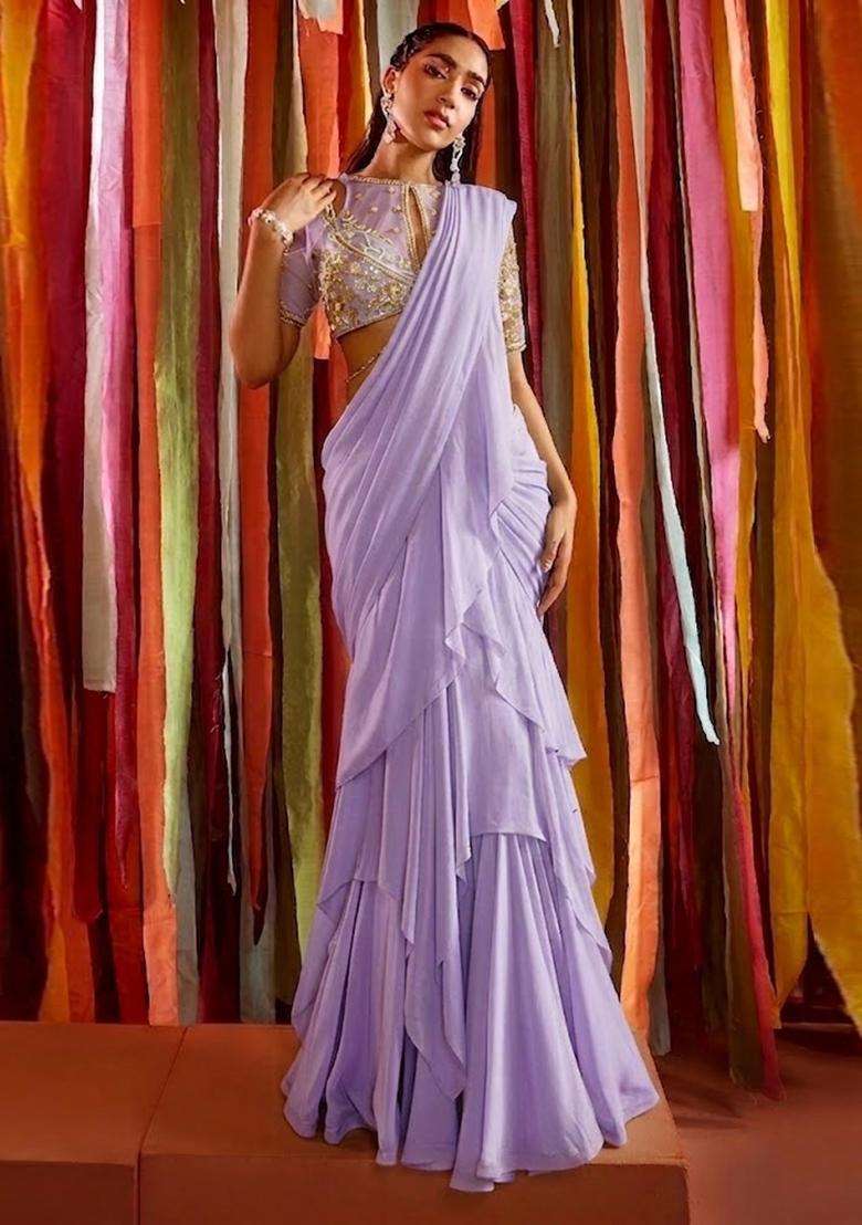 Lavender Embroidered Handwork Pre Draped Saree Set - Indya