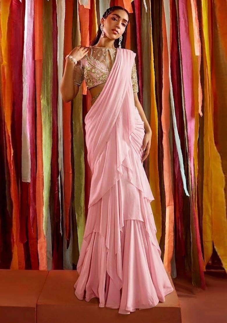 Pink Embroidered Handwork Pre Draped Saree Set - Indya