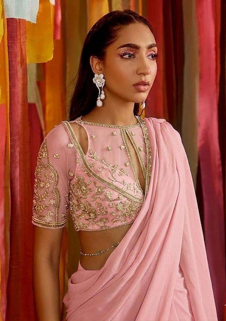 Pink Embroidered Handwork Pre Draped Saree Set - Indya