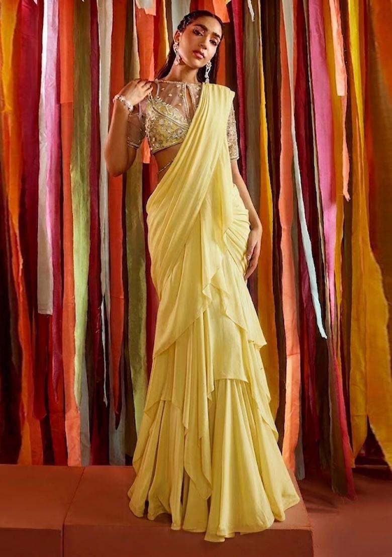 Yellow Embroidered Handwork Pre Draped Saree Set - Indya