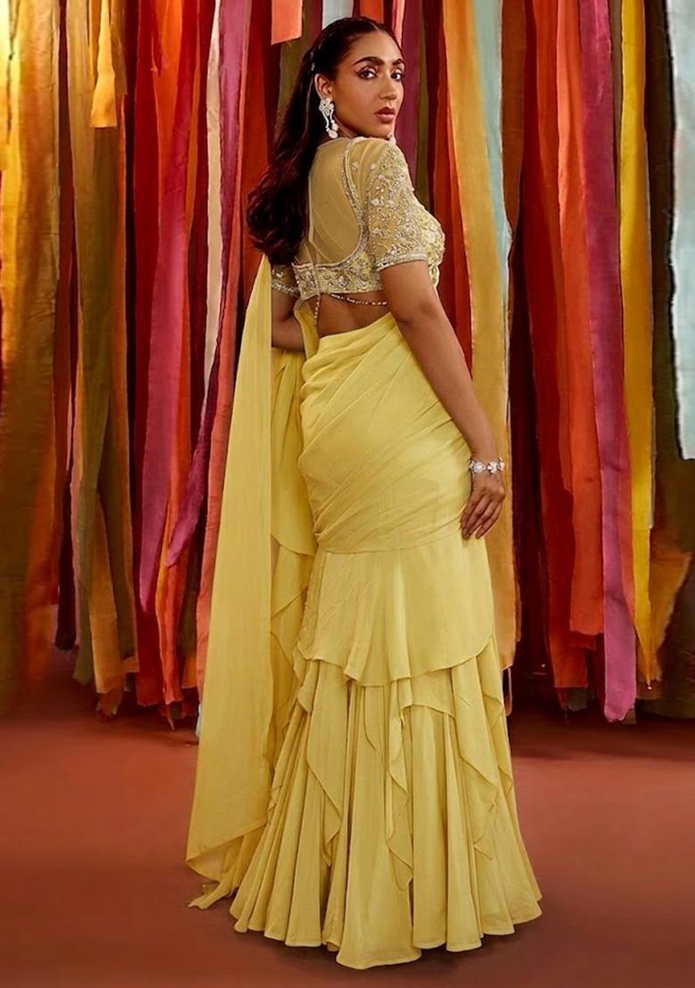 Yellow Embroidered Handwork Pre Draped Saree Set - Indya