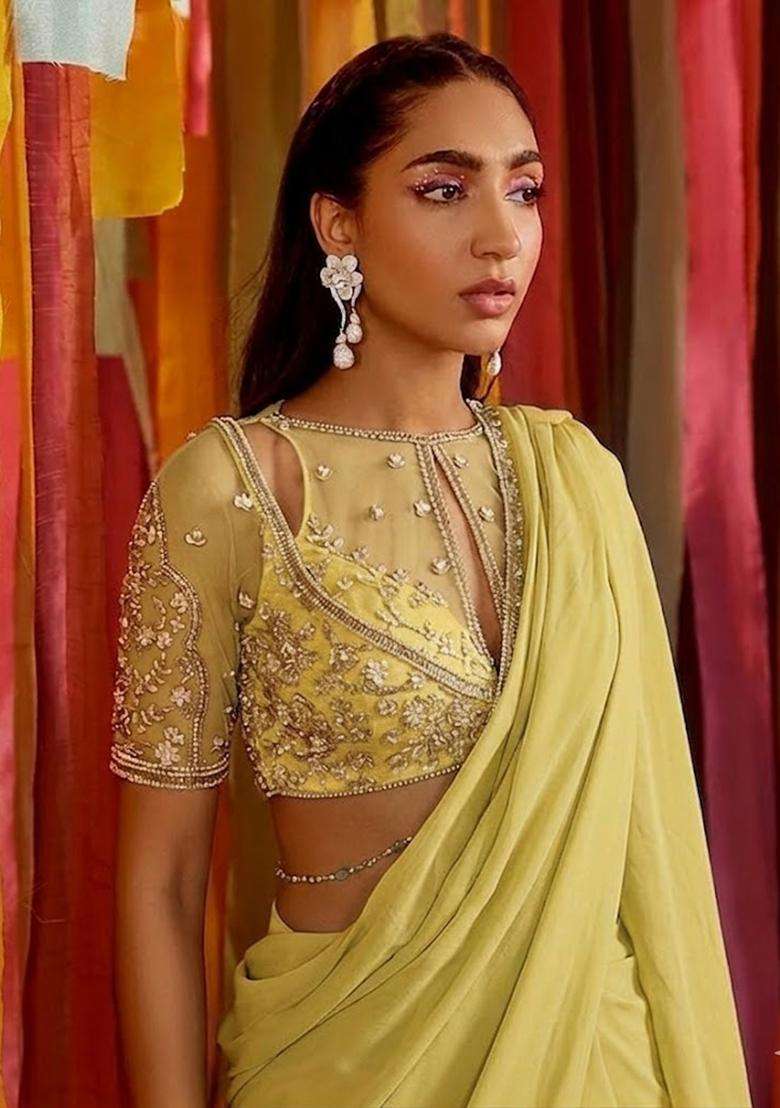 Yellow Embroidered Handwork Pre Draped Saree Set - Indya