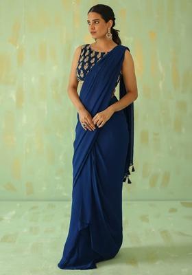 Royal Blue Embroidered Handwork Pre Draped Saree Set