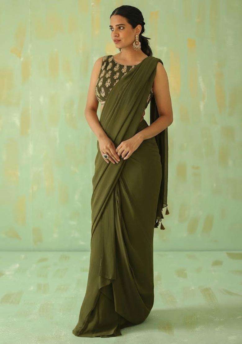 Olive Embroidered Handwork Pre Draped Saree Set - Indya