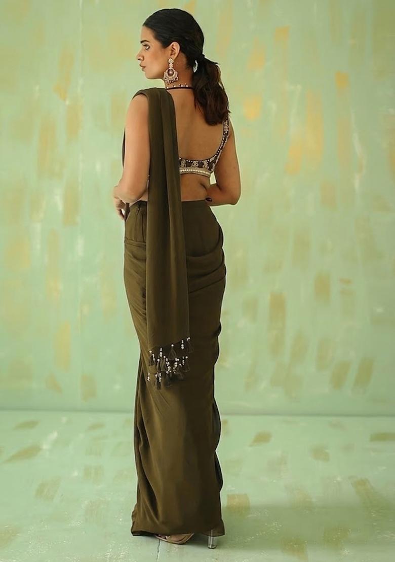 Olive Embroidered Handwork Pre Draped Saree Set - Indya