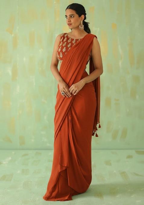 Orange Embroidered Handwork Pre Draped Saree Set