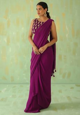 Pink Embroidered Handwork Pre Draped Saree Set