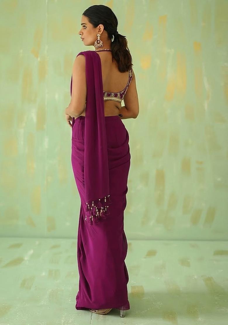 Pink Embroidered Handwork Pre Draped Saree Set - Indya