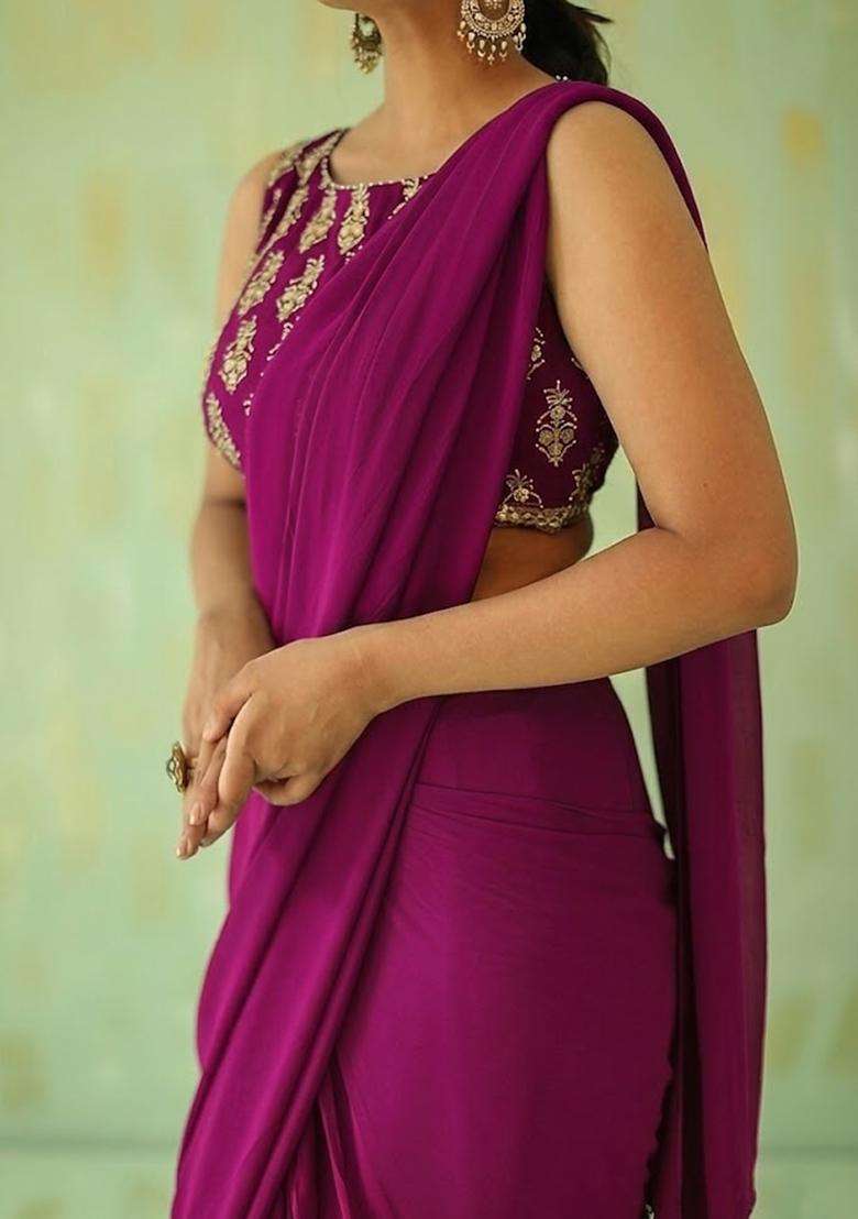 Pink Embroidered Handwork Pre Draped Saree Set - Indya
