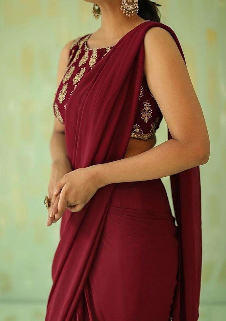 Red Embroidered Handwork Pre Draped Saree Set - Indya