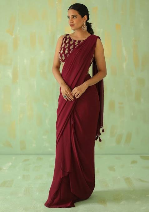 Red Embroidered Handwork Pre Draped Saree Set