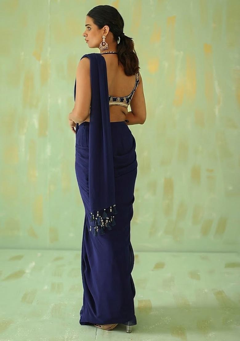 Violet Embroidered Handwork Pre Draped Saree Set - Indya