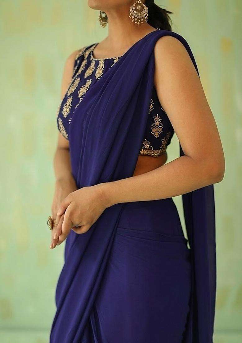 Violet Embroidered Handwork Pre Draped Saree Set - Indya
