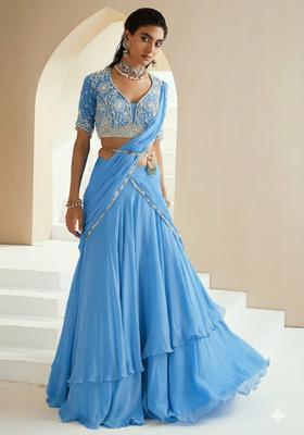 Cornflower Blue Embroidered Handwork Lehenga Set