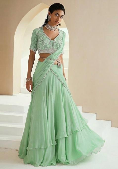 Green Embroidered Handwork Lehenga Set