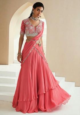 Peach Embroidered Handwork Lehenga Set