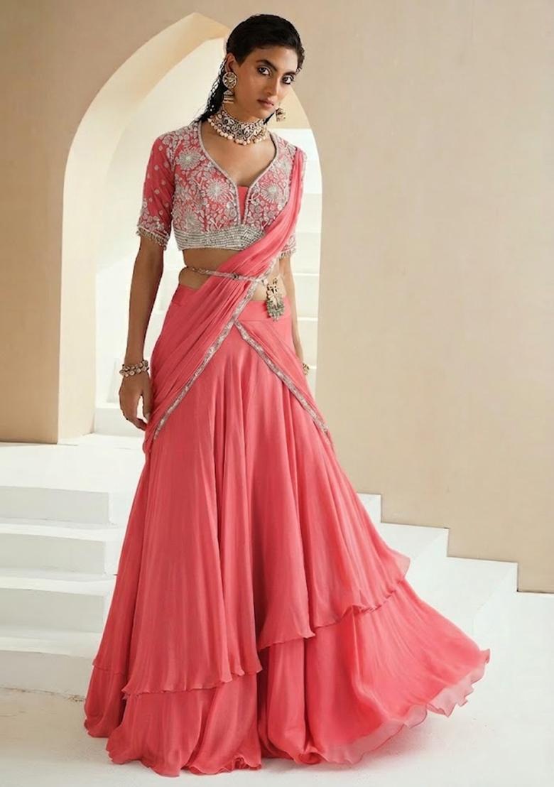 Peach Embroidered Handwork Lehenga Set - Indya