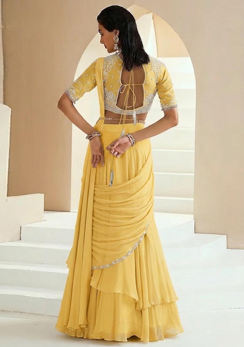Yellow Embroidered Handwork Lehenga Set - Indya