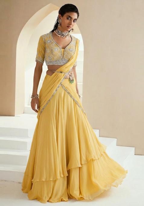 Yellow Embroidered Handwork Lehenga Set