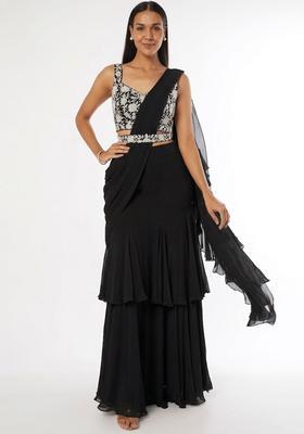 Jet Black Embroidered Handwork Pre Draped Saree Set