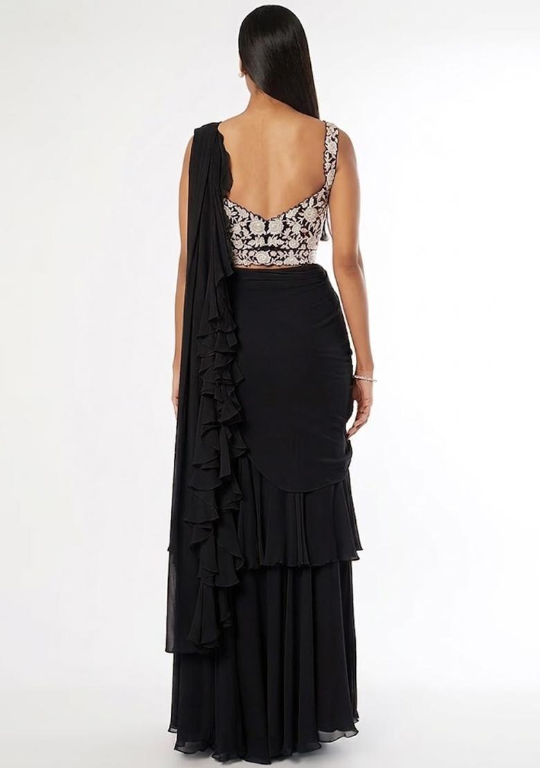 Jet Black Embroidered Handwork Pre Draped Saree Set - Indya