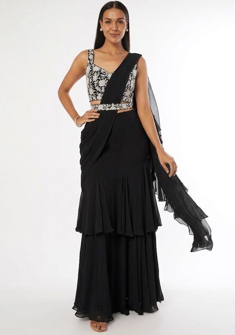Jet Black Embroidered Handwork Pre Draped Saree Set