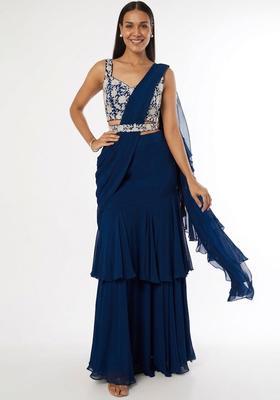 Blue Embroidered Handwork Pre Draped Saree Set